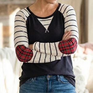 7th Ray Plaid Elbow Patch Top Sz M Striped Waffle Knit Raglan Baseball Tee Tunic